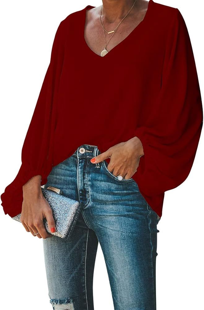 Women's Casual Sweet & Cute Loose Shirt Balloon Sleeve V-Neck Blouse Top | Amazon (US)