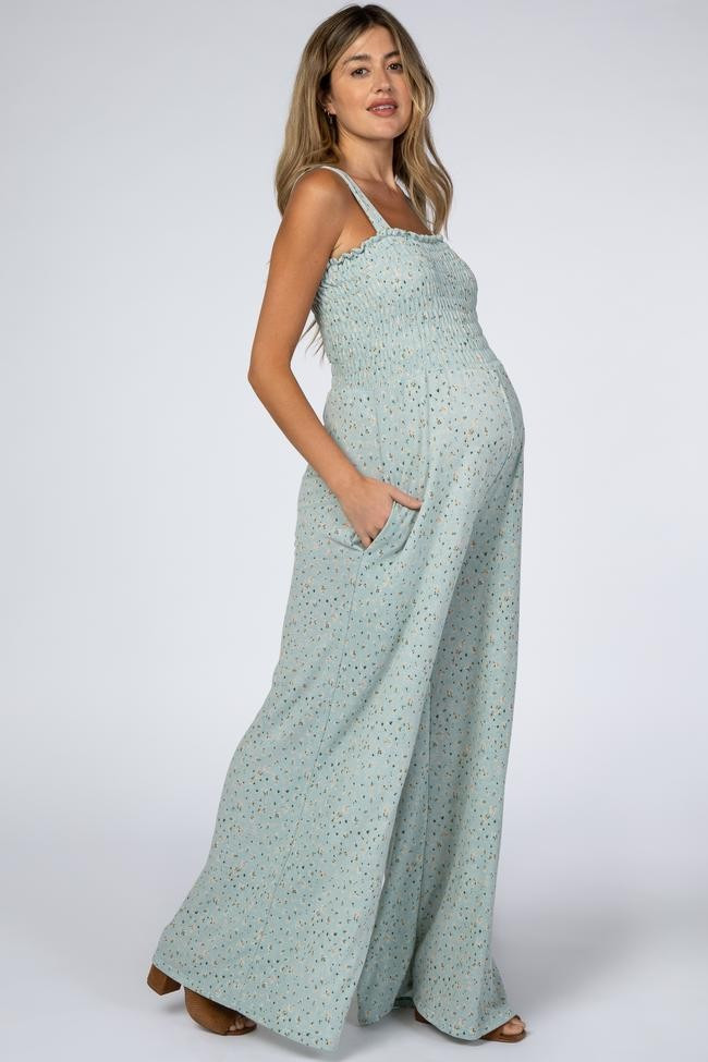 Mint Green Floral Smocked Knit Maternity Jumpsuit | PinkBlush Maternity