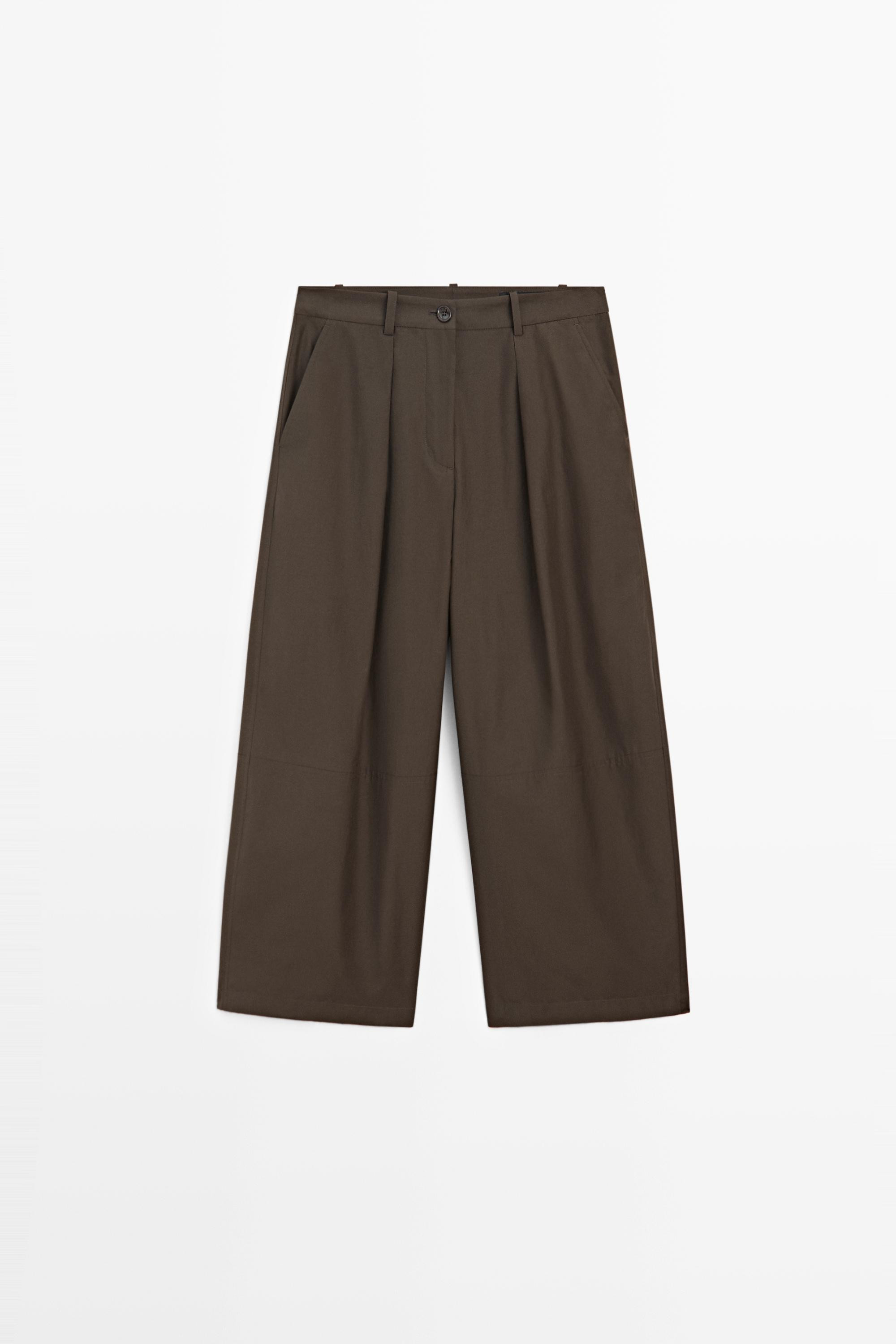 Cotton blend poplin wide-leg pants - KHAKI | Massimo Dutti UK
