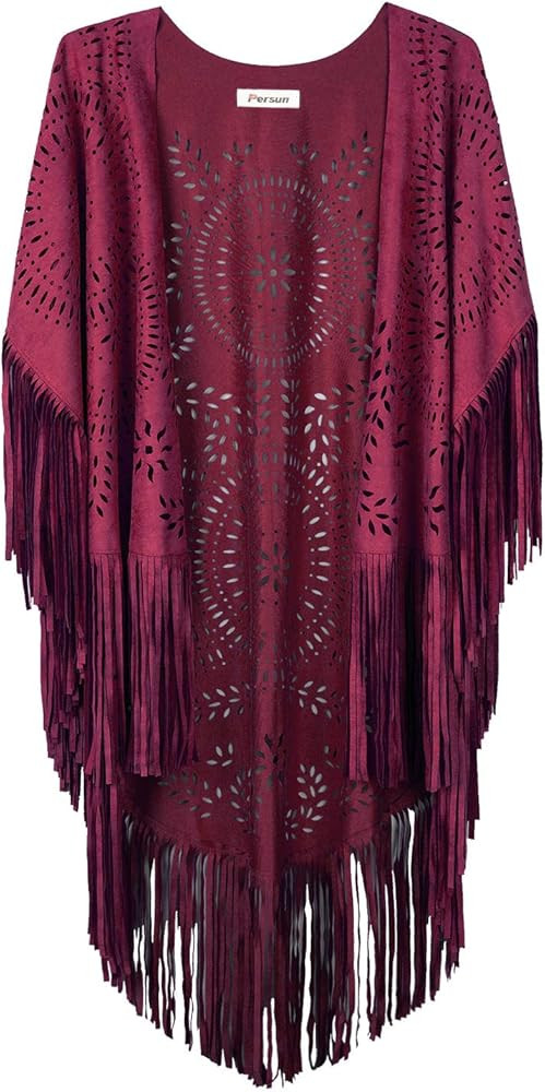 CHOiES record your inspired fashion Women's Suedette Cut Out Asymmetric Fringed Cape Kimono Blue ... | Amazon (US)