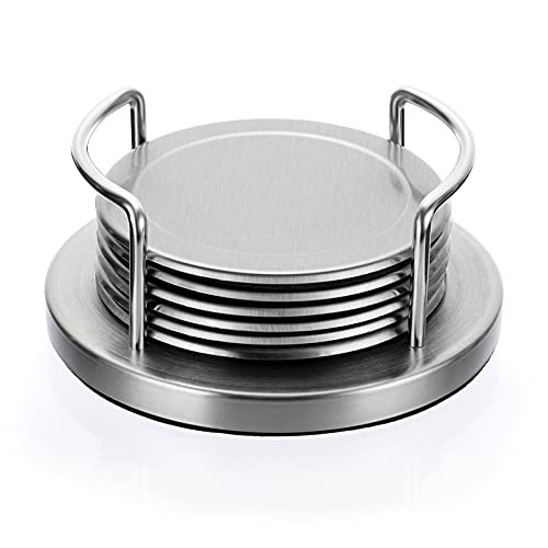 JUXYES Set of 6 Stainless Steel Round Coasters with Holder & Sponge Bottom, Silver Metal Cup Coasters Set Stunning Cool Coaster Cups Mats Decor for Restaurant Kitchen bar Dining Table | Amazon (US)
