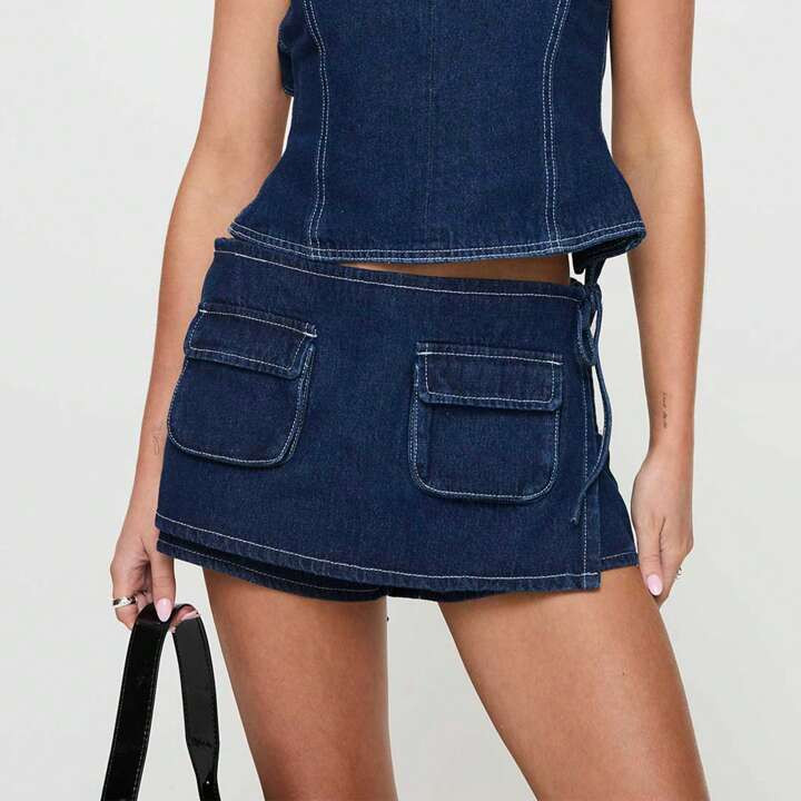 Women Y2K Denim Skorts Drawstring Mini Jeans Skirt With Shorts Club Streetwear Aesthetic Clothes | SHEIN