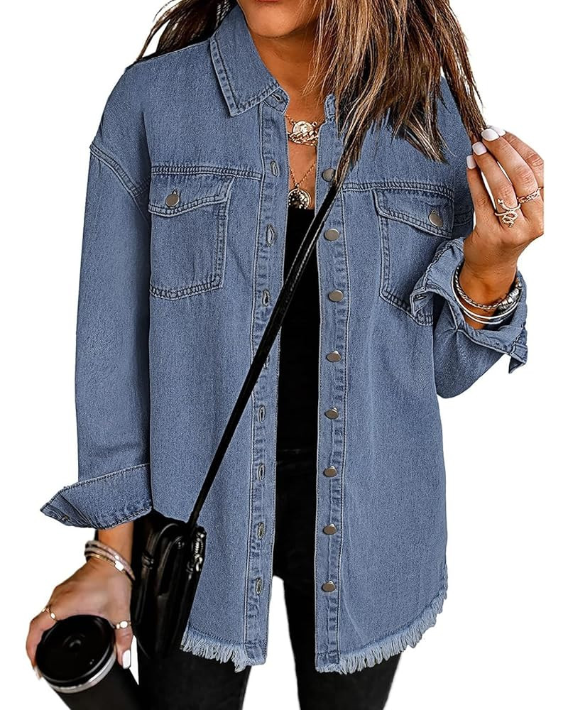 Vetinee Women’s Oversized Button Up Frayed Hem Shacket Long Sleeve Pockets Denim Jean Jacket | Amazon (US)