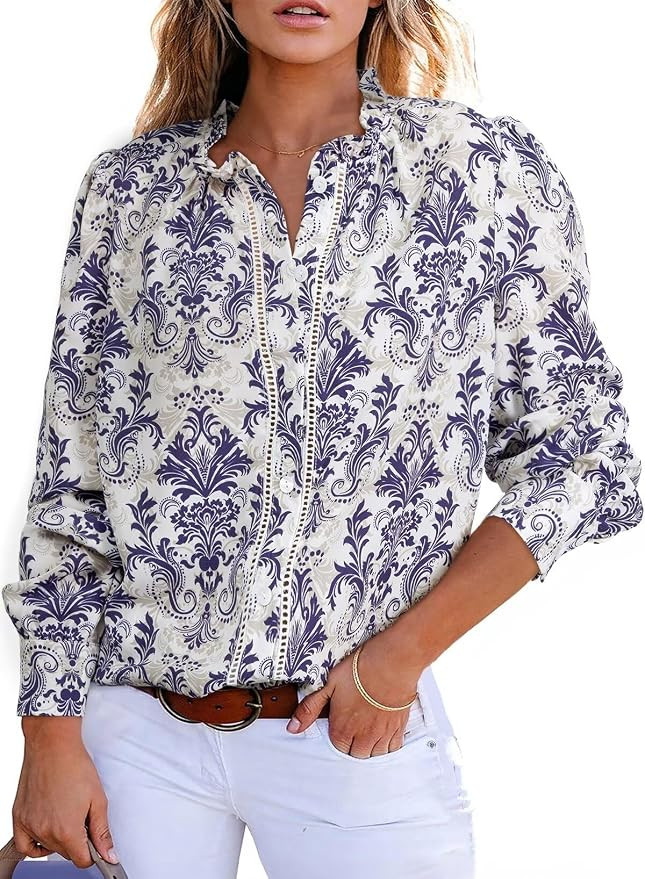 Astylish Women's 2025 Casual V-Neck Long Sleeve Shirts Paisley Print Tops Floral Boho Blouses Tun... | Amazon (US)