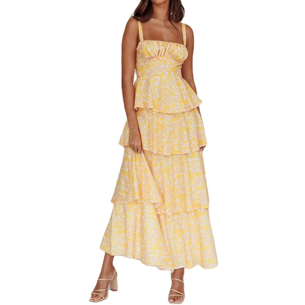 Women Floral Maxi Dress Sleeveless Bow Back Tiered Boho Flowy Long Dresses Summer Fall | Amazon (US)