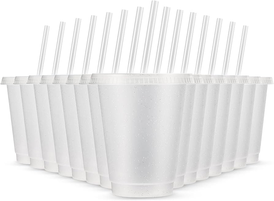 Rtteri 15 Pcs Reusable Kids Cups with Straws and Lids 16 oz Glitter Kids Tumblers Plastic Party F... | Amazon (US)