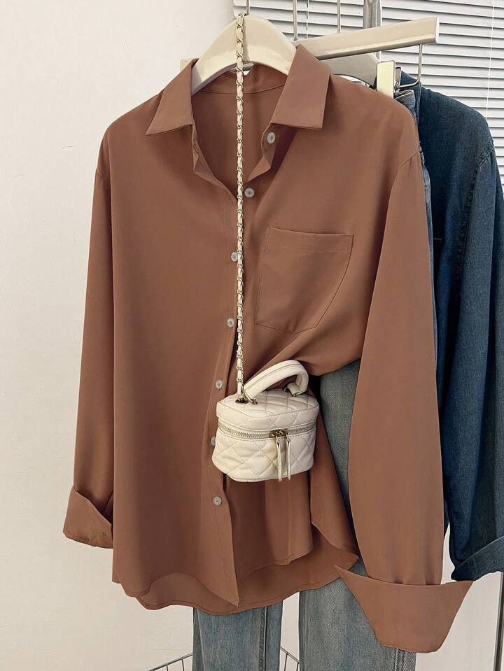 SHEIN Essnce Damen Langarm Hemd Mit Durchgehendem Knopfverschluss, Tasche Und Einfarbigem Design, Lässig Stil | SHEIN