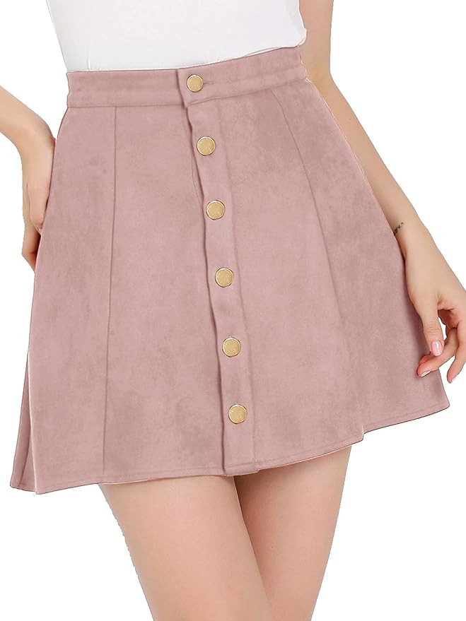 Allegra K Women's Faux Suede Button Closure A-Line High Waisted Flared Mini Short Skirt | Amazon (US)