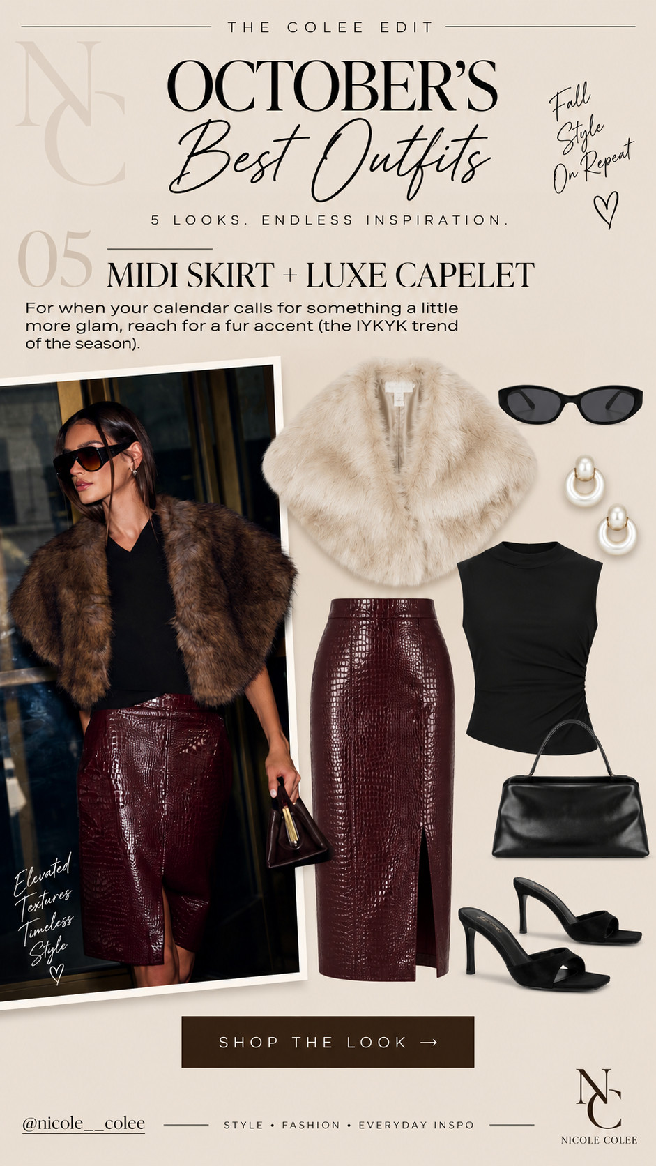 05 — MIDI SKIRT + LUXE CAPELET
When October calls for a little more drama… give her the capelet. 🤎✨ A glossy burgundy midi + sleek black top + faux-fur moment feels equal parts polished and fabulous. Add statement earrings, sunnies and a kitten heel and consider the outfit handled. Shop the full look here on LTK!

#LTKdayinmylife #LTKootd #LTKSeasonal