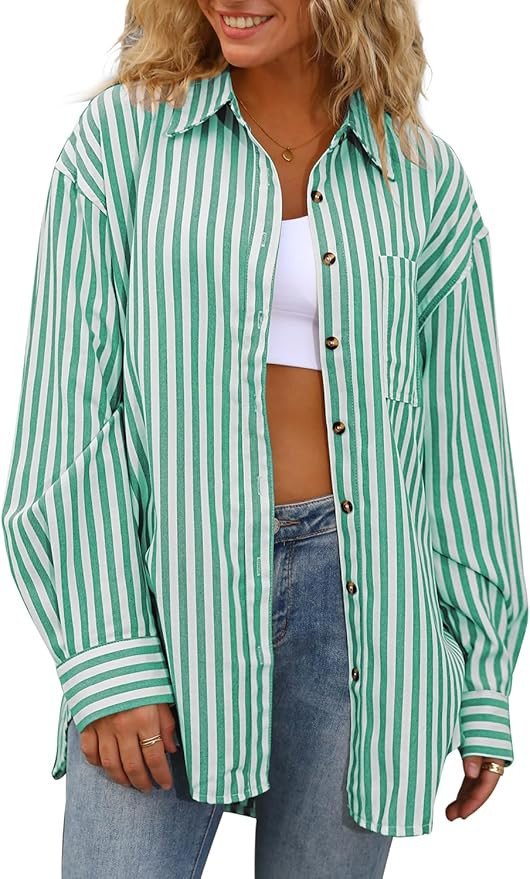 CHYRII Womens Striped Button Down Shirt Casual Long Sleeve Blouse Top | Amazon (US)