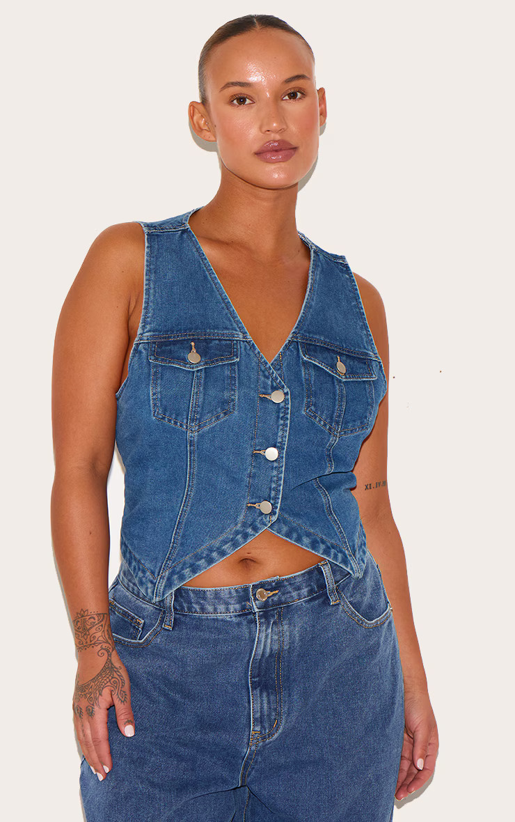 Plus Indigo Blue Wash Halterneck Button Front Denim Vest | PrettyLittleThing US