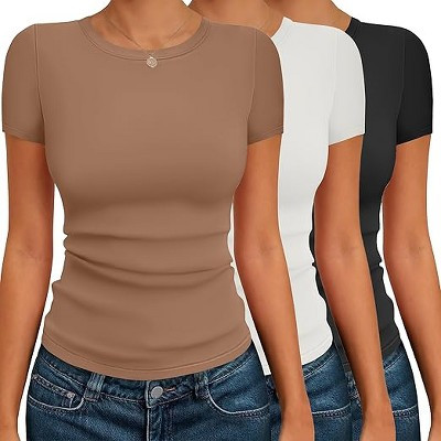 Ekouaer Womens Short Sleeve Shirts 3 Pack Crew Neck Tops Slim Fit Basic Tees Trendy Clothes Base Layer Black/White/Brown M | Target