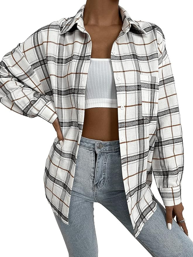 SweatyRocks Women's Long Sleeve Collar Long Button Down Plaid Shirt Blouse Tops | Amazon (US)