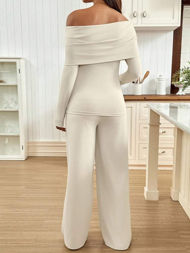 SHEIN Autumn And Winter 2pcs Maternity Set: Off-Shoulder Long Sleeve Solid Color T-Shirt And Adju... | SHEIN