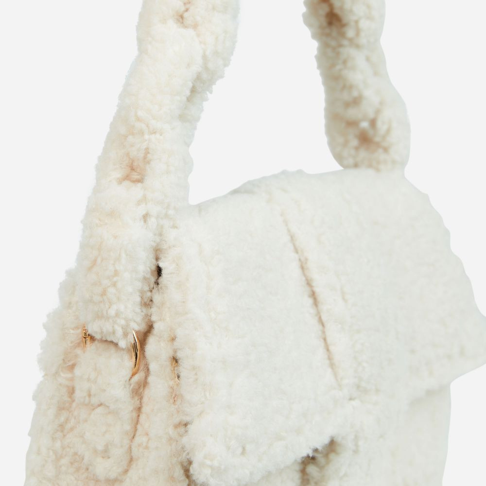 Hula Braided Strap Detail Shaped Tote Shoulder Bag In Cream Faux Shearling | EGO Shoes (US & Canada)