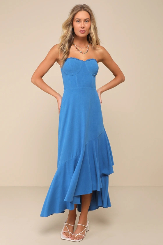 Gorgeous Event Blue Linen Ruffled Strapless Bustier Midi Dress | Lulus