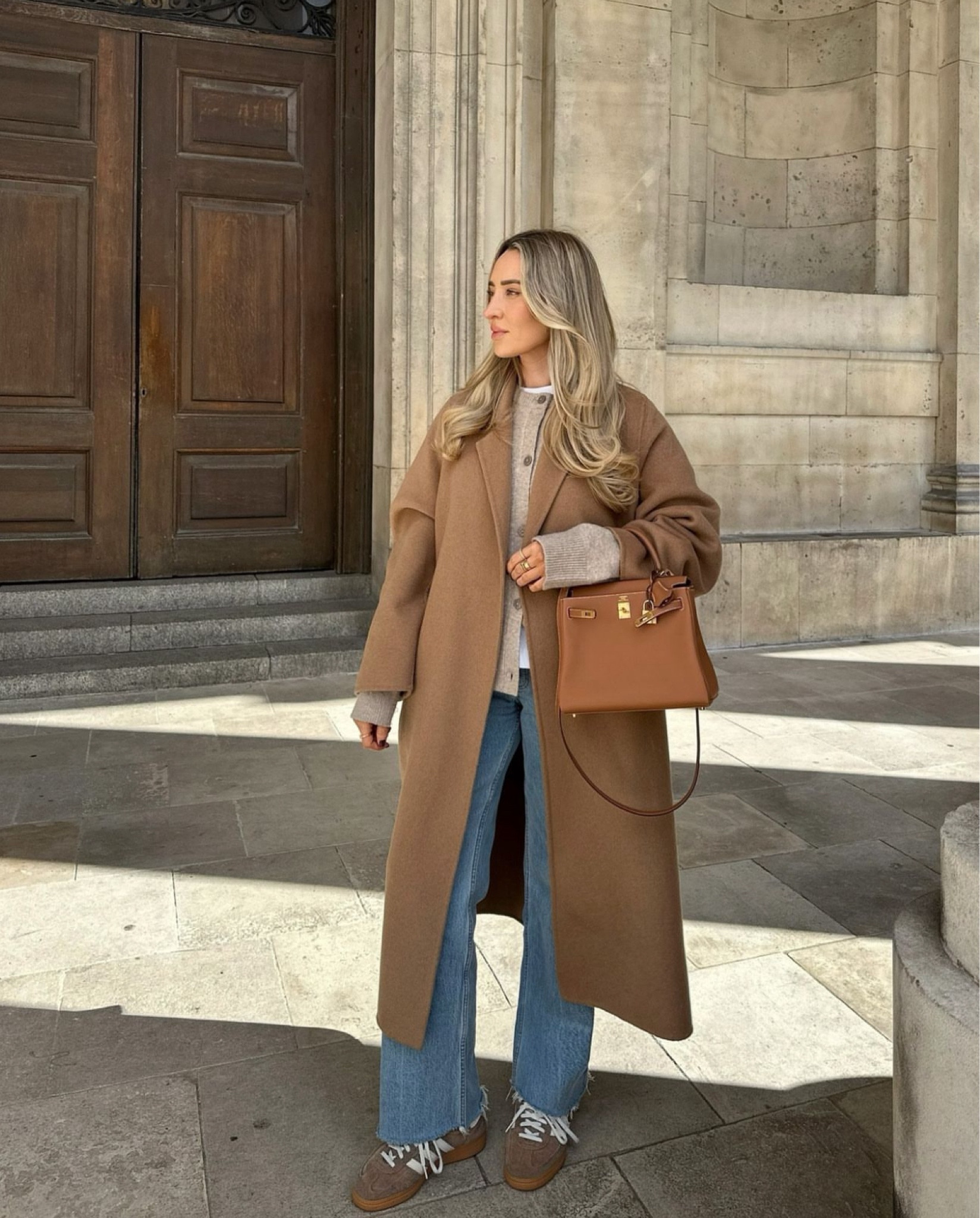 Autumn Favourites 08 - a warm neutral outfit, with this gorgeous beige tan camel wool coat from Mango, layered perfectly for this transitional weather with a taupe cardigan, white tshirt and blue jeans. A classic casual look worn with trainers that can also be elevated with boots

#LTKworkwear #LTKautumn #LTKstyletip