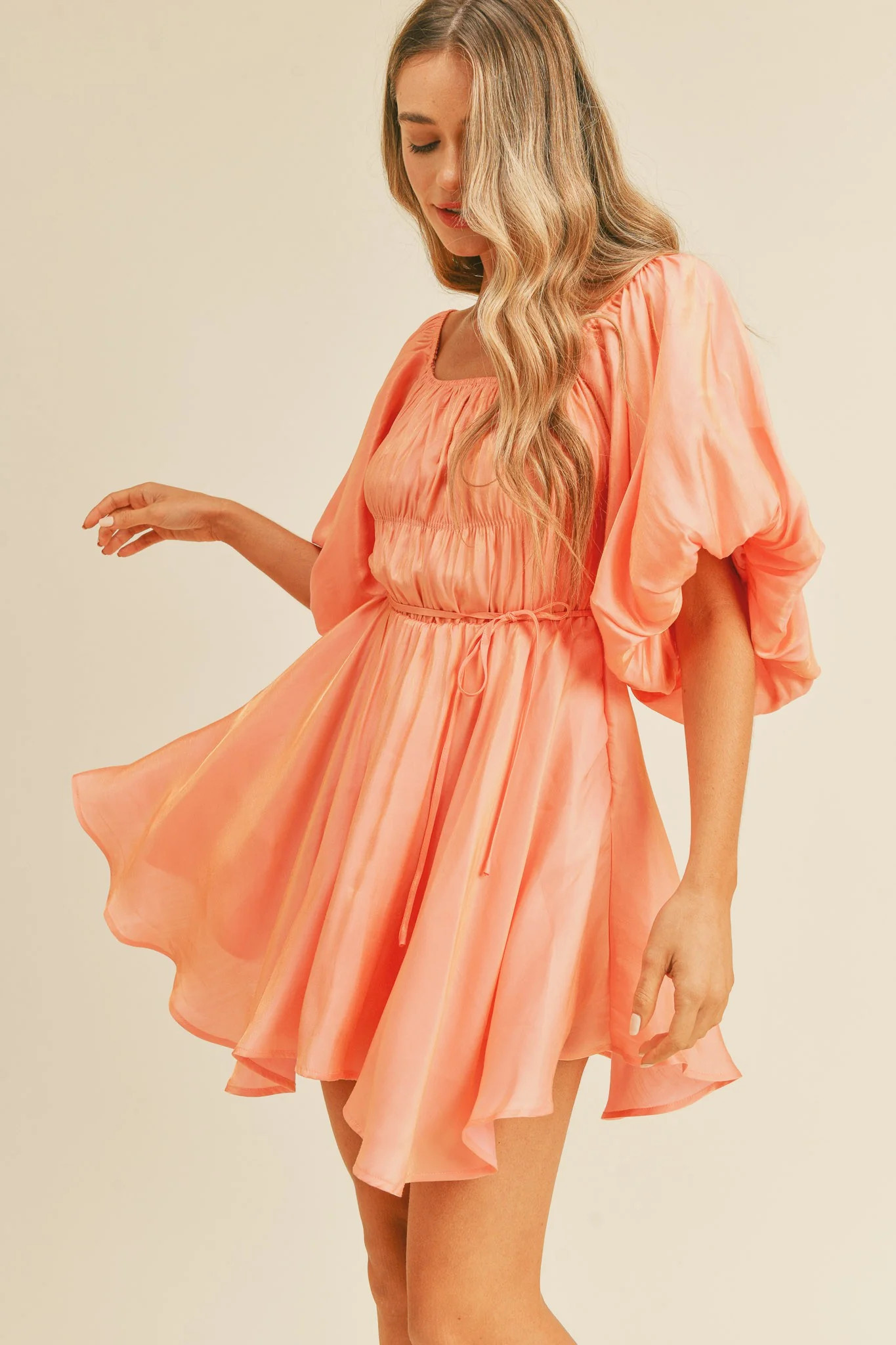 Peach Metallic Bubble Sleeve Flared Mini Dress | PinkBlush Maternity
