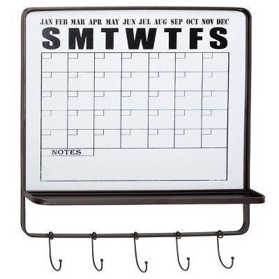 24" x 26" Contemporary Style Dry Erase Board Yearly Calendar Wall Decor with 5 Hooks and Shelf Bl... | Target