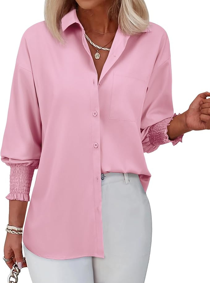 Womens Striped Button Down Shirts Smocked Long Puff Sleeve Oversized Boyfriend Blouses Loose Pock... | Amazon (US)