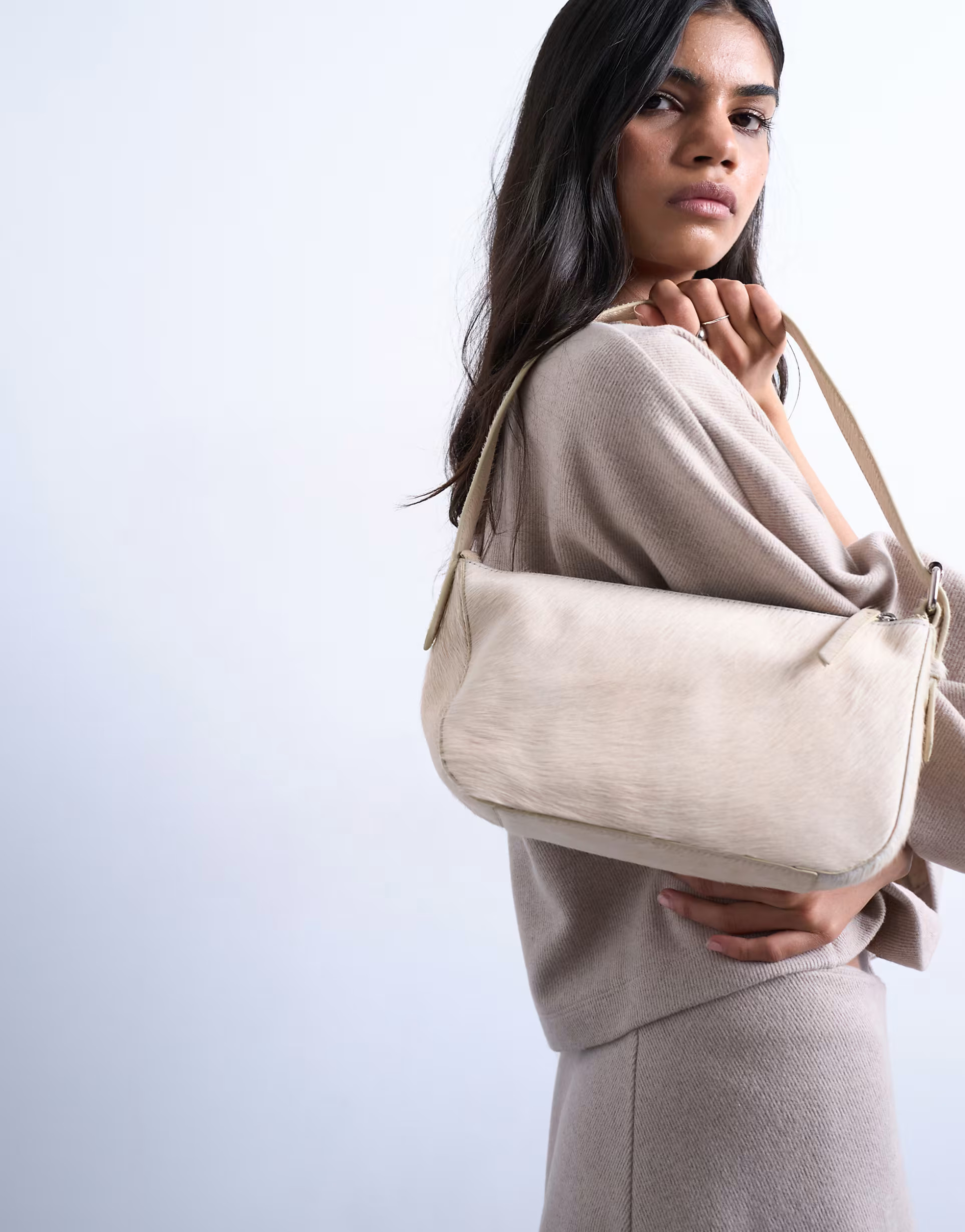 Topshop Stina real leather shoulder bag in off-white pony | ASOS (Global)