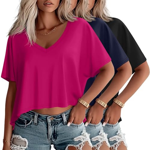 Huukeay 3 Pack Oversized T Shirts for Women Short Sleeve Crop Tops V Neck Irregular Hem Baggy Cro... | Amazon (US)