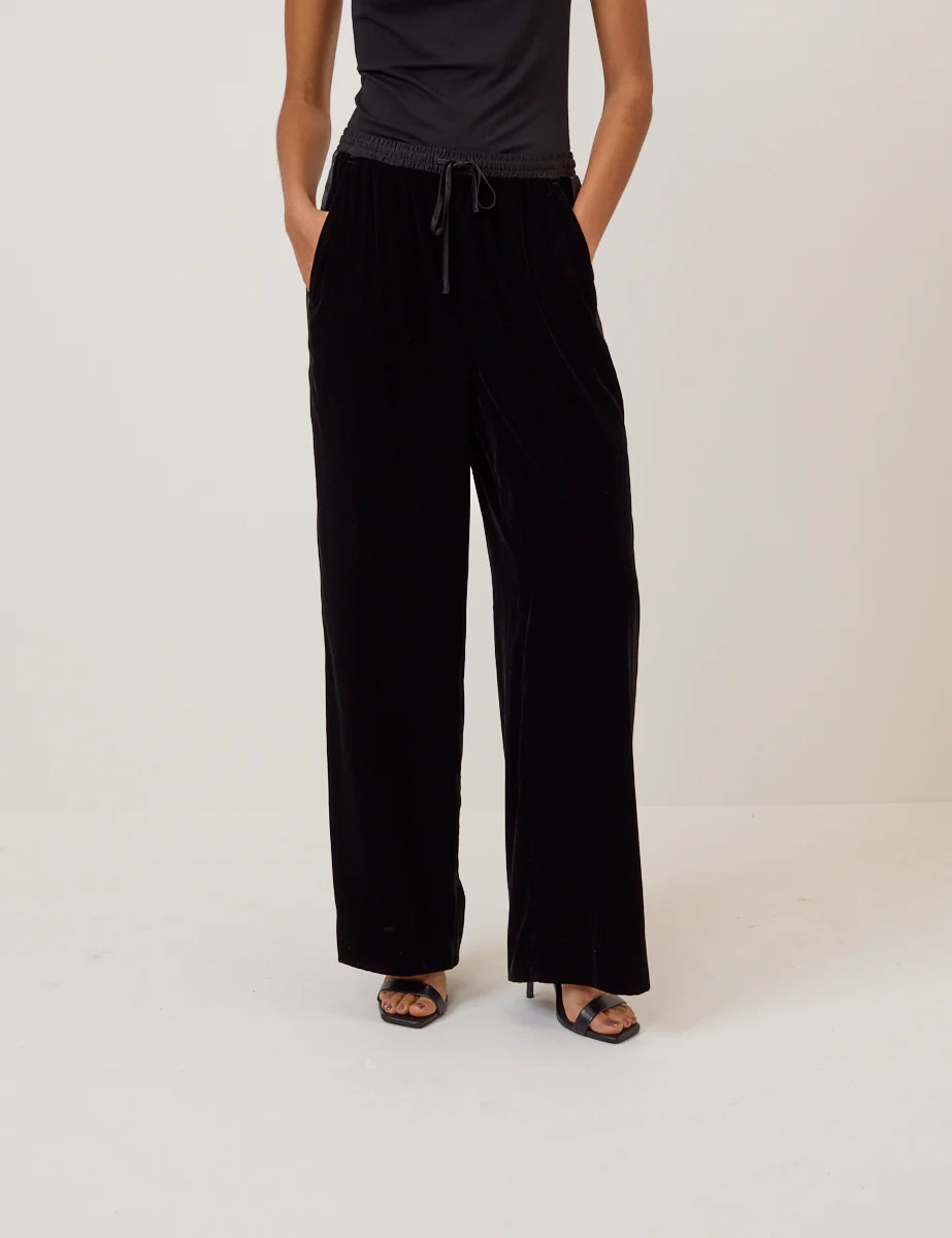 Black Velvet Contrast Satin Side Striped Trousers | Nobody's Child