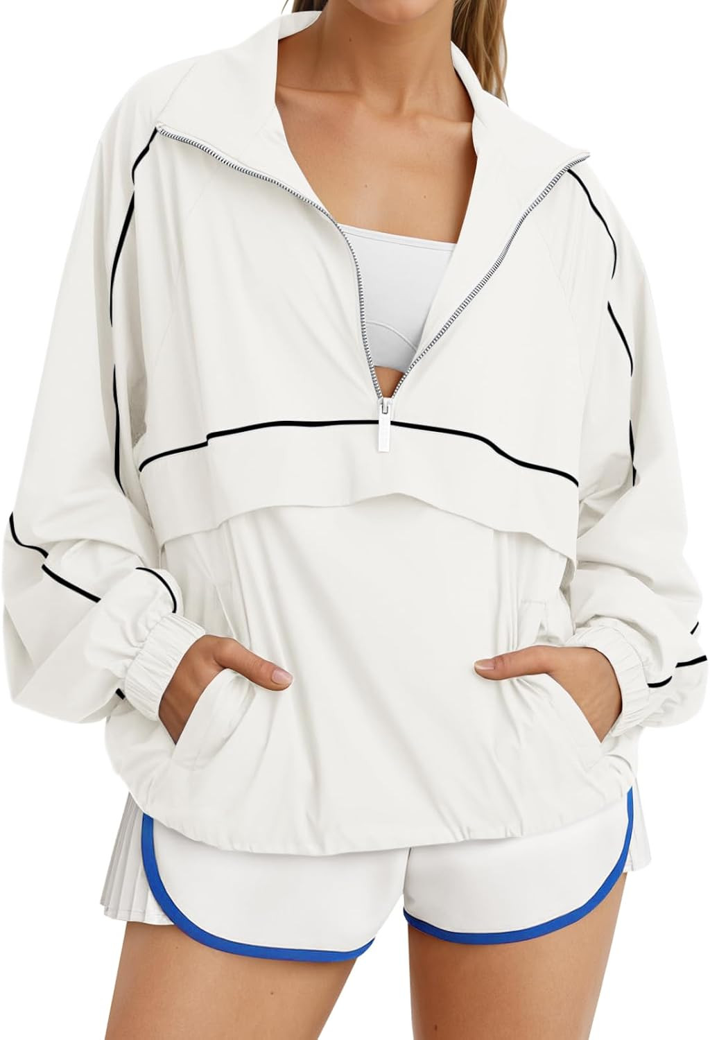 Fisoew Quarter Zip Pullover Women UPF 50+ Lightweight Windbreaker Jacket Running Hiking Outdoor Pullover with Pocket | Amazon (US)
