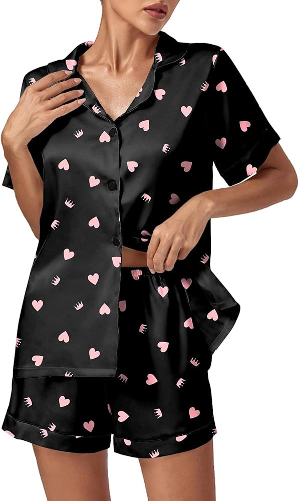 Vrtige Women's Silky Satin Pajamas Short Sleeve Top with Shorts Sleepwear PJ Set | Amazon (US)