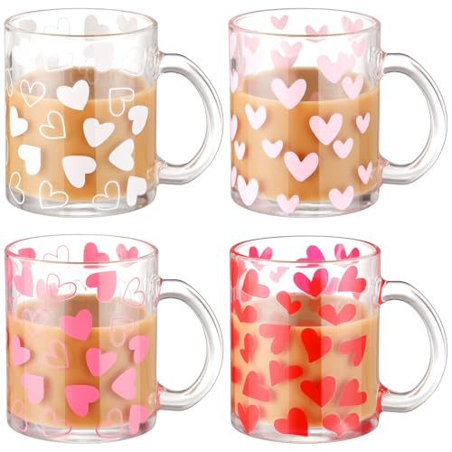 Tioncy 4 Pcs Valentine's Day Heart Coffee Mugs 12 oz Heart Glass Cups with Handle Love Heart Coffee Cup Romantic Coffee Mug Sweet Valentines Gifts for Couple Drinking Glasses for Valentine's Day Party | Amazon (US)