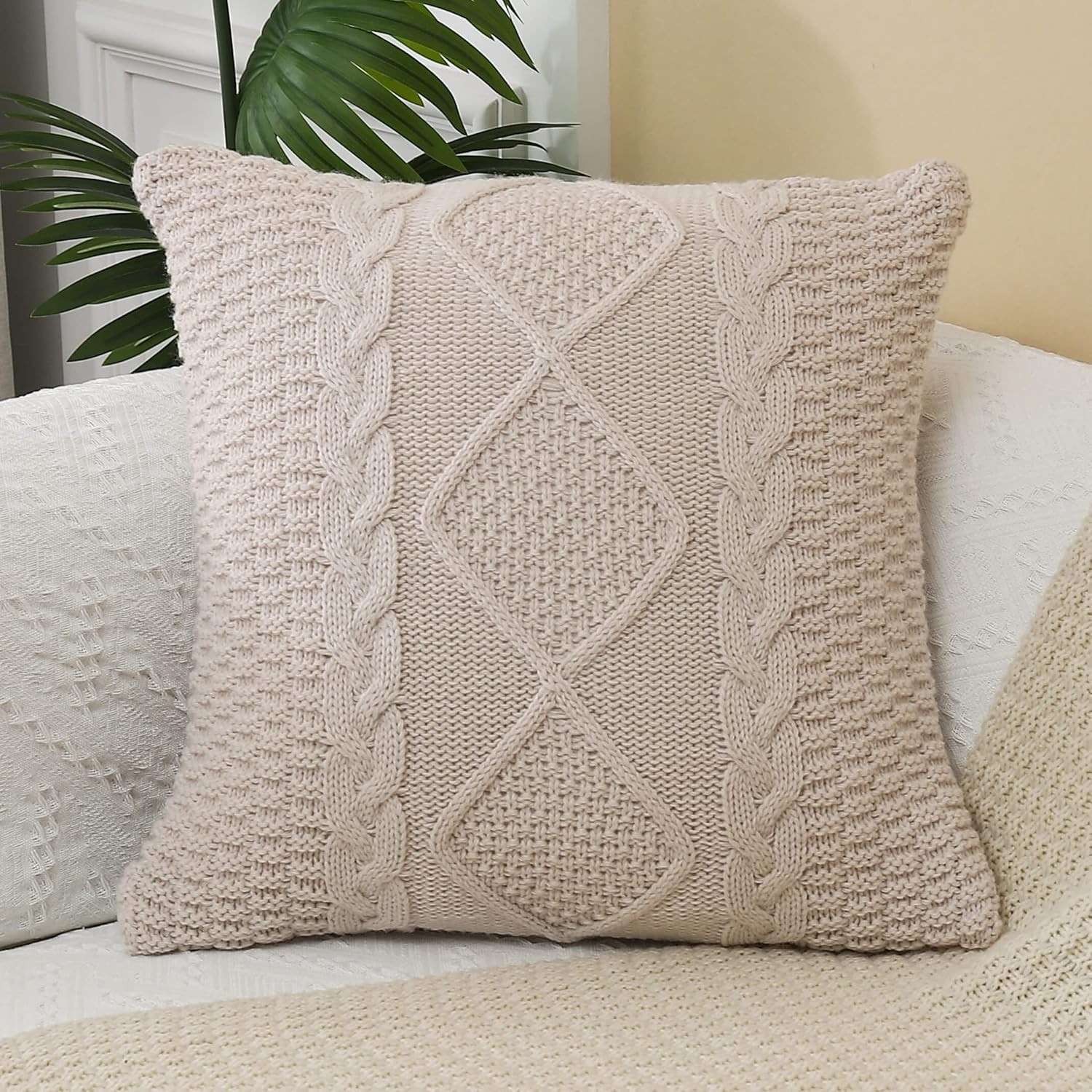 Decorative Knitted Throw Pillow Covers Double-Cable Sweater Square Warm Cushion Cover for Sofa Be... | Amazon (US)