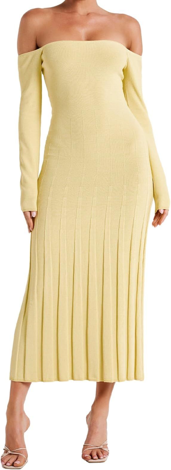 Women's Long Sleeve Knit Maxi Dress Square Neck V Neck Off Shoulder Long Dress Slim Spring Fall P... | Amazon (US)