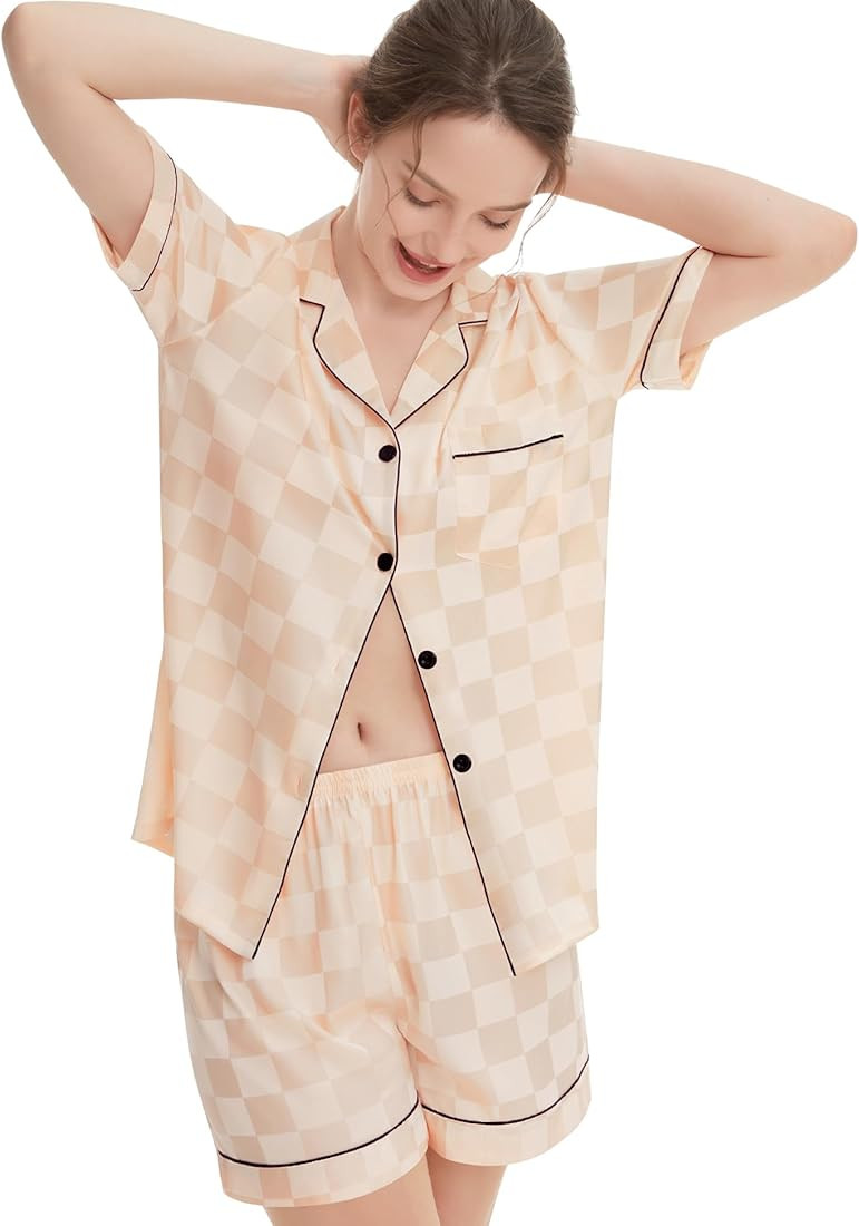 SWOMOG Women's Silk Satin Pajamas Set Short Sleeve Sleepwear Button Down Loungewear Checker Top and  | Amazon (US)