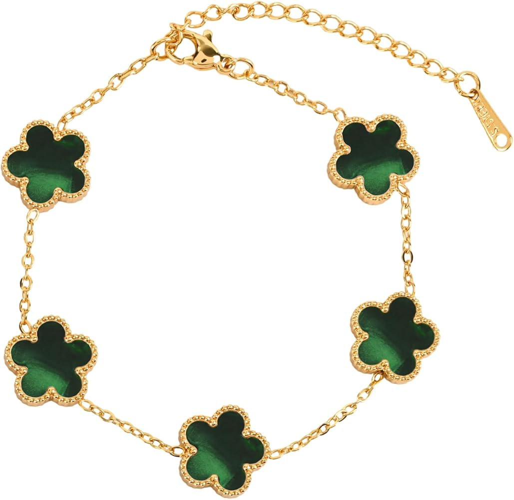 Women's Four-Leaf Clover Bracelet Hypoallergenic Stainless Steel 18K Gold Plated Adjustable for W... | Amazon (US)