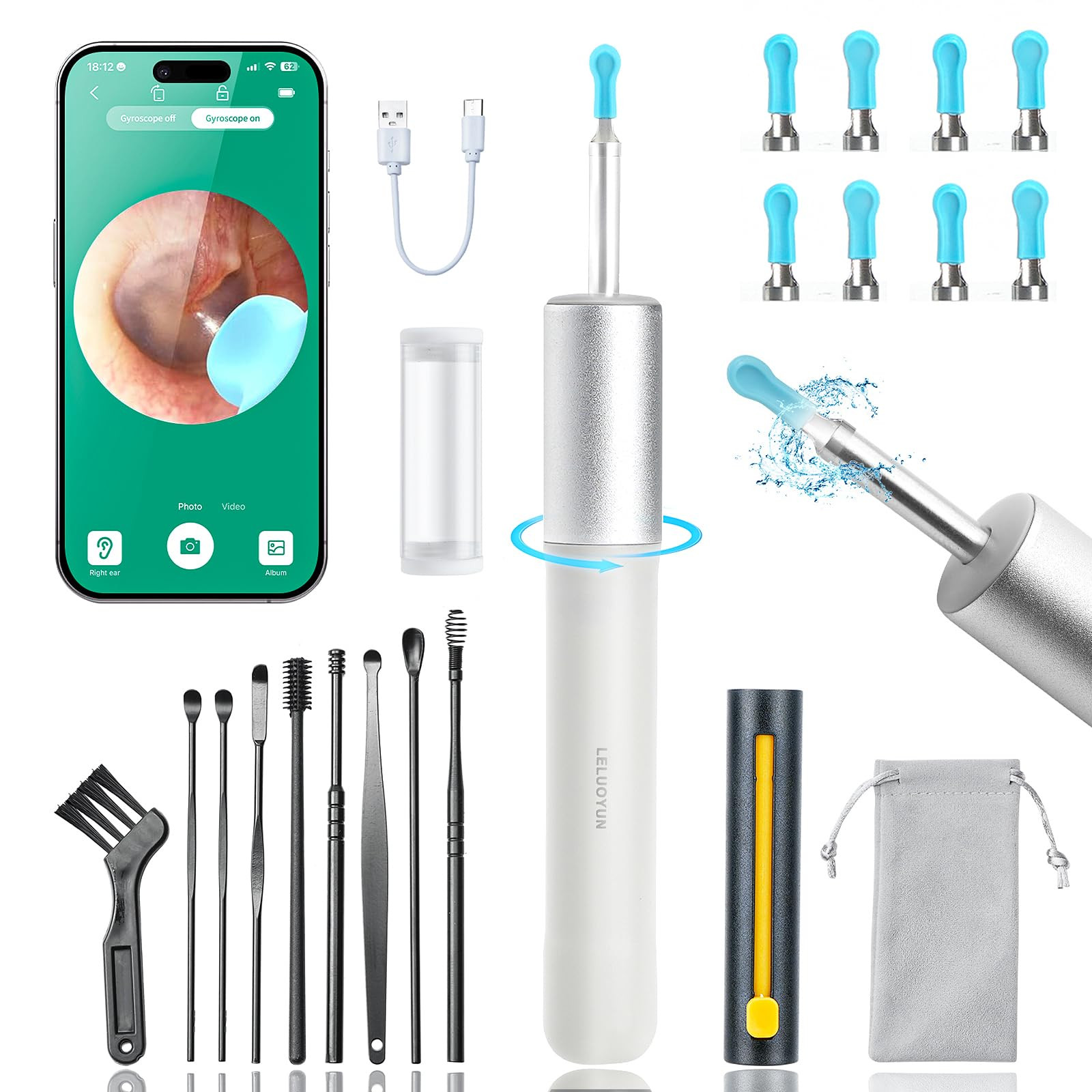 Ear Wax Removal,1080P Ear Cleaner with Camera,Earwax Remover Tool with 8 Pcs Ear Set,Camera with 6LED Light,Ear Cleaner for iOS & Android(Grey） | Amazon (US)