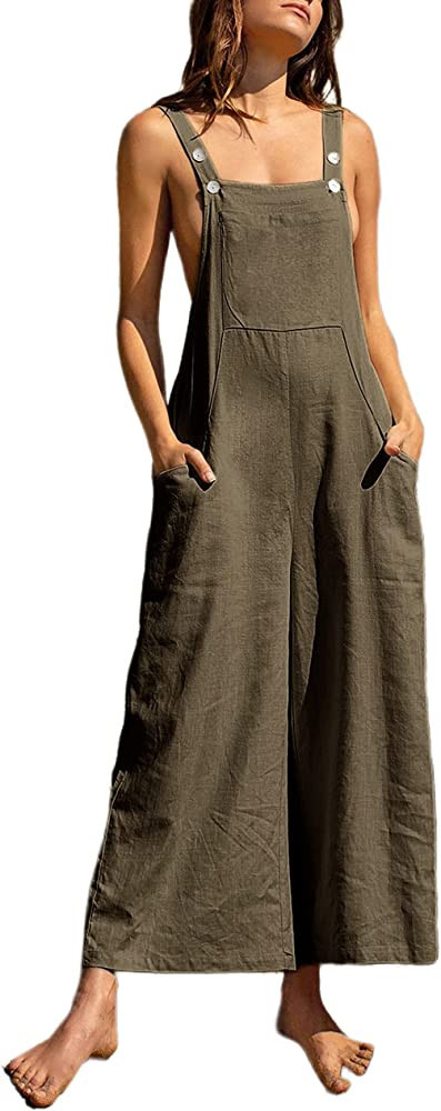 Bianstore Womens Loose Cotton Linen Bib Overalls Wide Leg Baggy Jumpsuits with Pockets | Amazon (US)