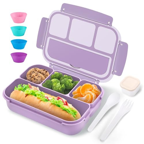 Bento Box Adult Lunch Box for Men Women, Bento Lunch Box for Kids Boys Girls School, Lunch Containers for Adults with 4 Compartments, Utensil set, Sauce Container, Muffin Cup, Lavender | Amazon (US)