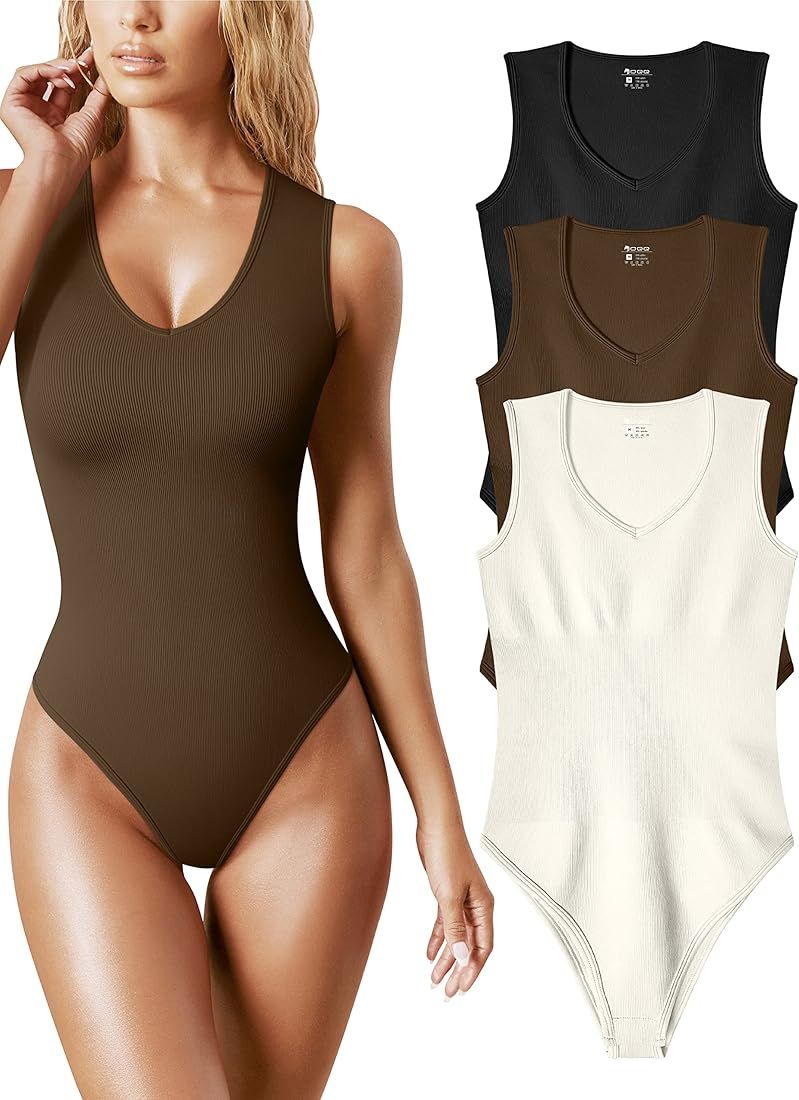 OQQ Women's 3 Piece Bodysuits Sexy Ribbed V Neck Sleeveless Tank Tops Bodysuits | Amazon (US)