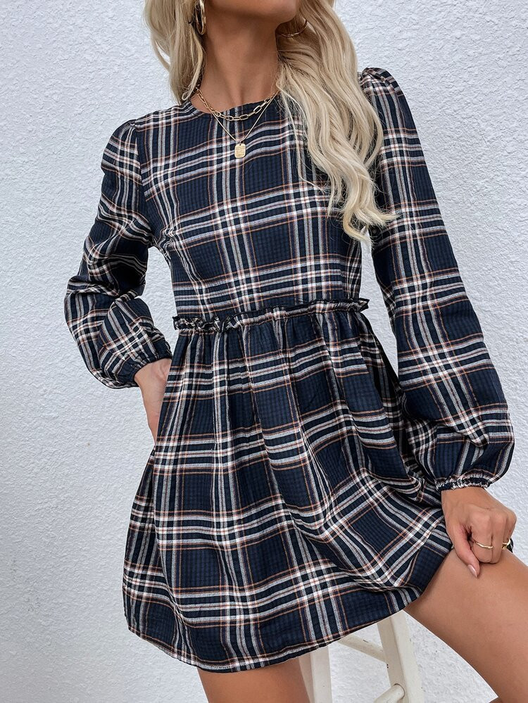 Plaid Print Puff Sleeve A-line Dress | SHEIN
