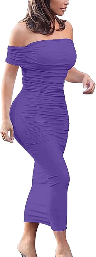 GOBLES Women's Ruched Off Shoulder Short Sleeve Bodycon Midi Elegant Cocktail Party Dress | Amazon (US)
