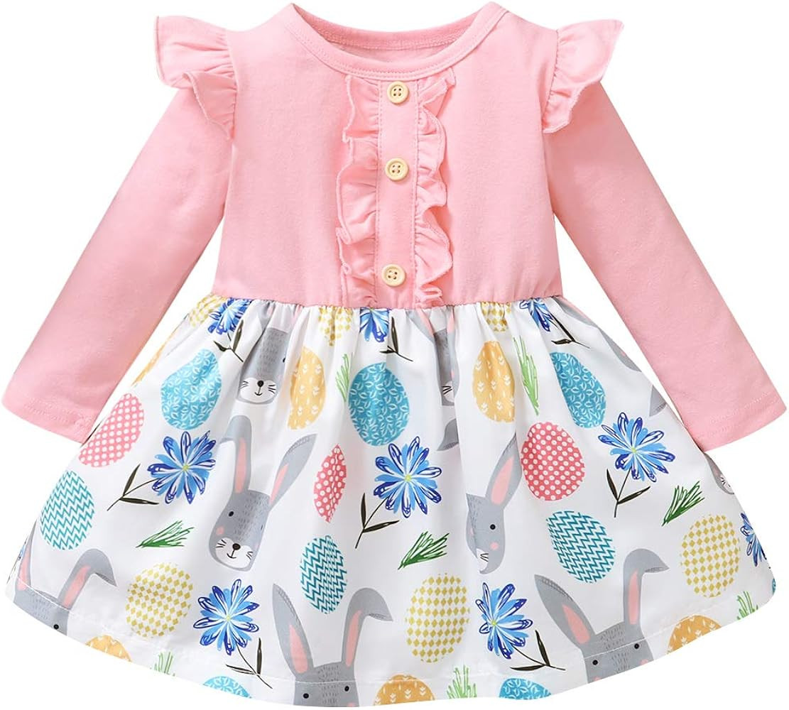 Goodplayer Toddler Baby Girl Easter Outfits Ruffle Long Sleeve Bunny Dress One Piece Easter Egg Summ | Amazon (US)