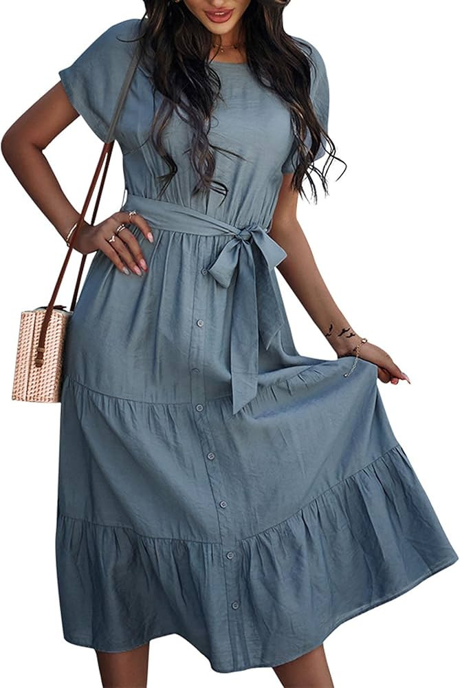 SOMTHRON Women's Short Sleeve Belted Waist Midi Dress Ruffle Hem A Line Boho Dresses Beachwear Pa... | Amazon (US)