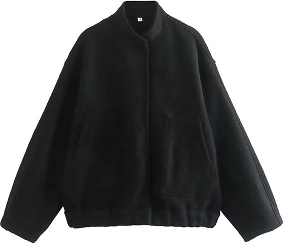 Qiaomai Women's Oversized Wool Blend Jackets Button Down Varsity Bomber Jacket with Pockets | Amazon (US)