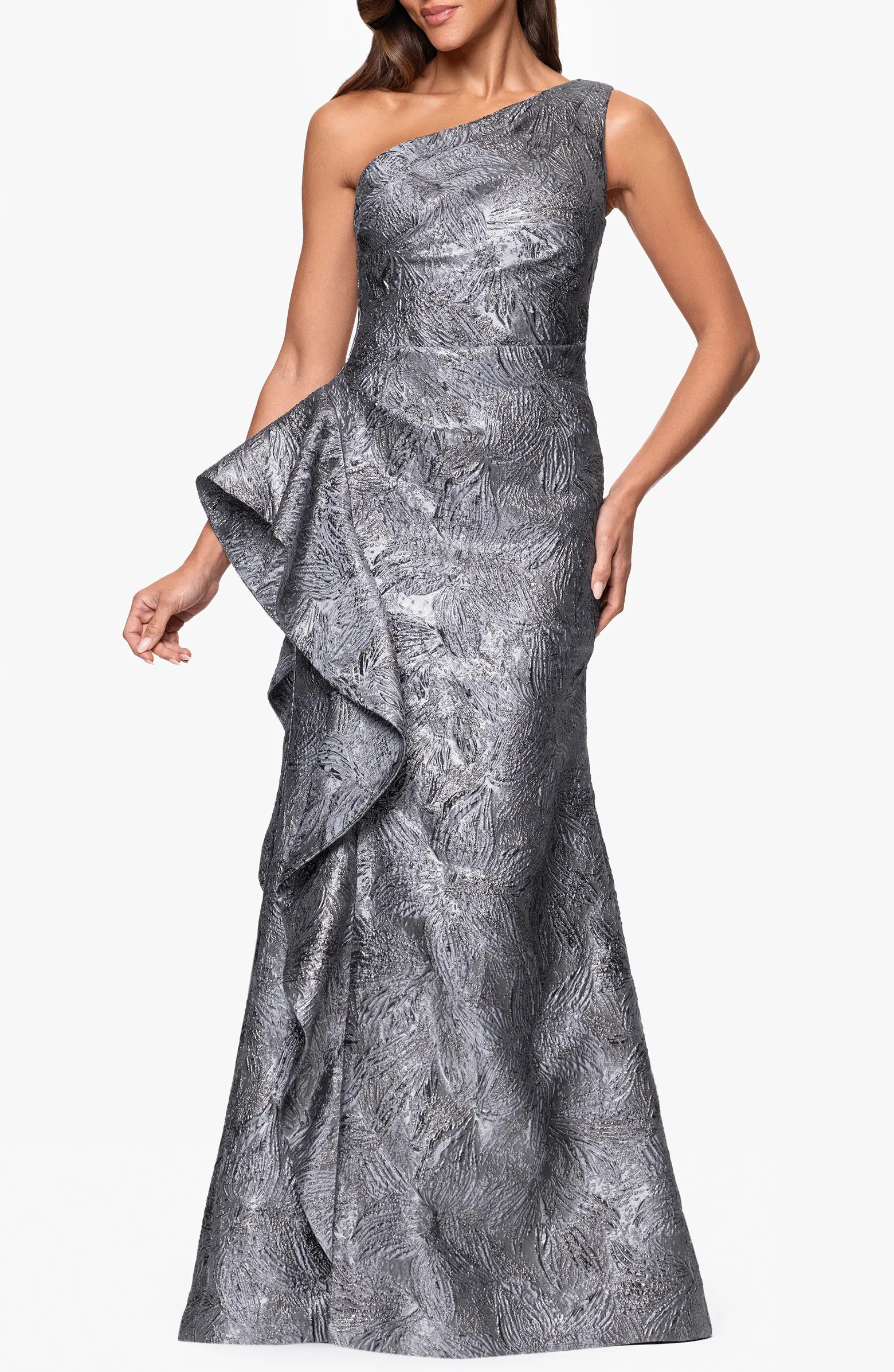 Metallic Ruffle One-Shoulder Jacquard Mermaid Gown | Nordstrom
