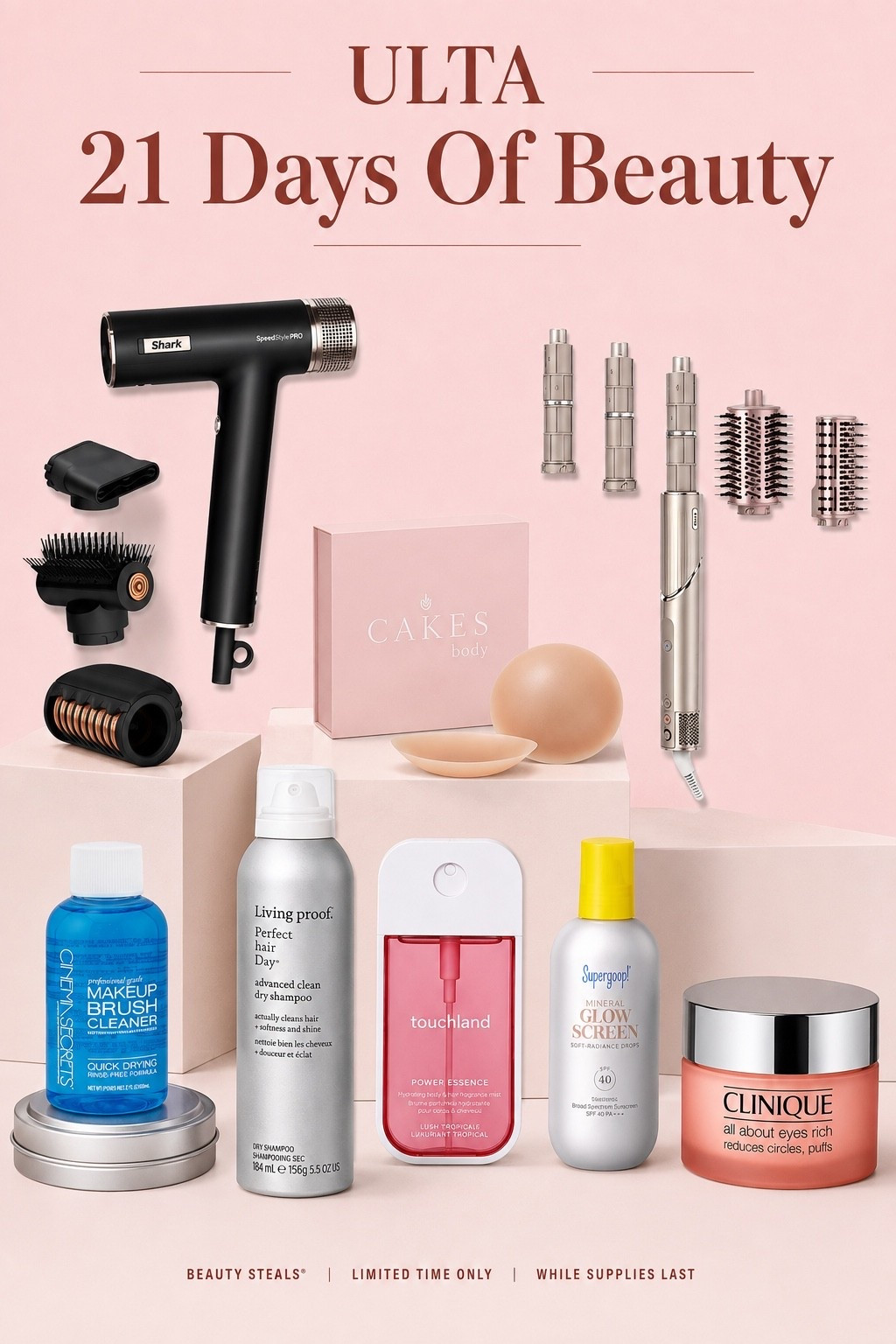 Ulta 21 days of beauty deals! Up to $100 off shark styling tools and 50% off everything else in this picture today only. 
I will be stocking up on the dry shampoo because I have tried every dry shampoo on the market and the living proof dry shampoo is hands-down, my favorite. The. Cinema secrets Makeup brush cleaner is also elite ￼￼

#LTKSaleAlert #LTKBeauty #LTKOver40
