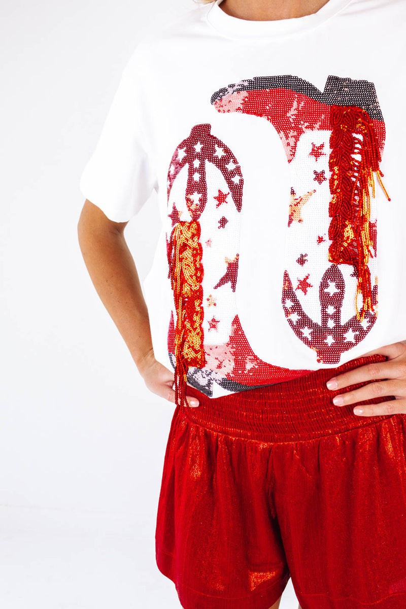 Queen Of Sparkles Fringe Boot Tee - Red | The Impeccable Pig