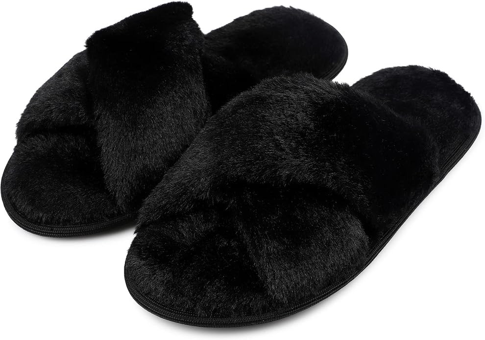 riemot Slippers Women Fluffy Slipper Memory Foam Cross Band Furry Open Toe Ladies Sliders Soft Fu... | Amazon (UK)