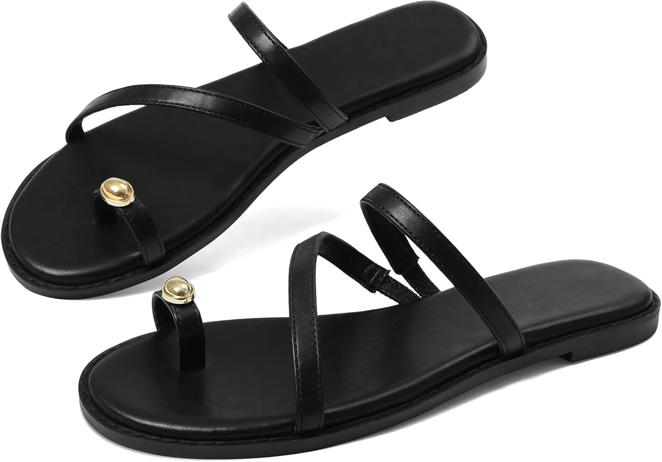Kalstage Women's Strappy Flat Sandals Round Open Toe Ring Flat Sandals Slip On Beach Sandals Shoe... | Amazon (US)