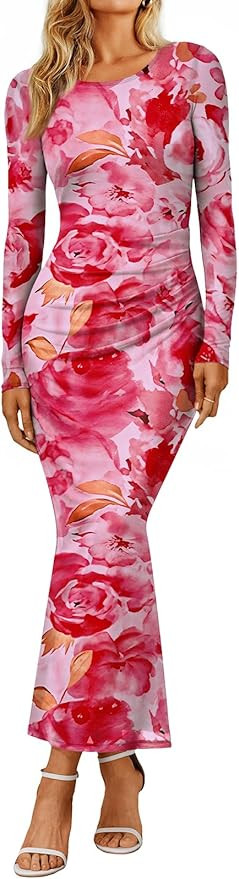 Trendy Queen Women's Floral Print Bodycon Ruched Dress Fall Long Sleeve Maxi Wedding Guest Dresse... | Amazon (US)