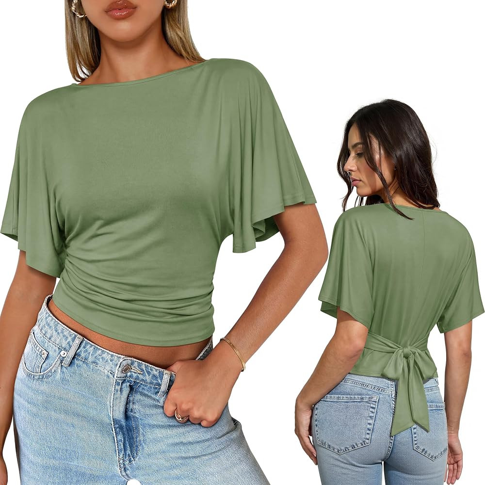 Women's Flutter Sleeve Cinched Tops Wrap Tie Back Waist Blouse Boat Neck Flattering Elegant Ruche... | Amazon (US)